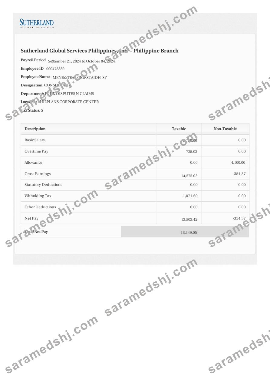 Sutherland Global Services Philippines payslip template in Word and PDF formats.pdf, 1